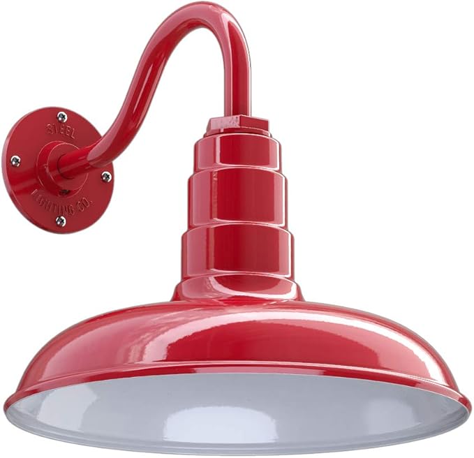 Steel Lighting Co. Topanga Barn Light | Outdoor Wall Mounted | Farmhouse Garage Light Made in America | 14 inch Dome | 11 inch Gooseneck | Red Exterior/White Interior