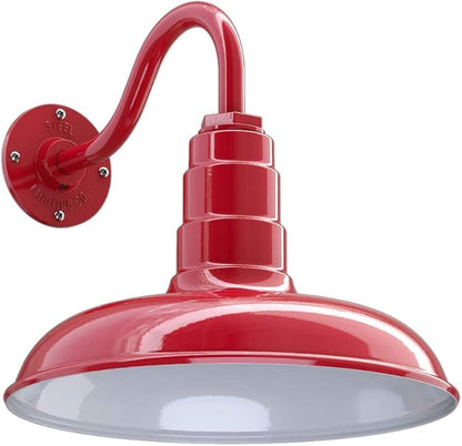 Steel Lighting Co. Topanga Barn Light | Outdoor Wall Mounted | Farmhouse Garage Light Made in America | 14 inch Dome | 11 inch Gooseneck | Red Exterior/White Interior