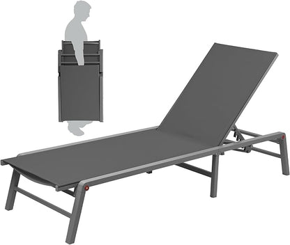 Kozyard Lounge Chair Outdoor Foldable Lounge Chair with 5 Adjustable Backrest Patio Lounger, Assemble-Free, Recliner and Full Flat Chairs for Patio Beach Pool (Gray Textilence W/O Table)
