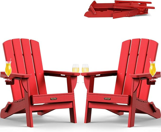 Folding Adirondack Chair 2 Pack, HDPE All-Weather Fire Pit Chairs, Plastic Adirondack Chairs with 2 Cup Holder, Outdoor Lawn Chair for Patio Garden (Red)