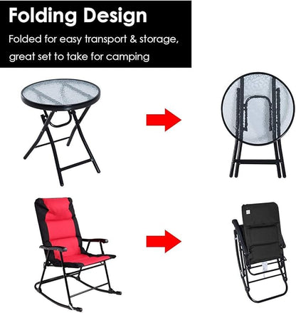Tangkula 3-Piece Folding Bistro Set, Outdoor Rocking Chairs & Round Table, Patio Folding Furniture Set for Backyard, Garden, Poolside, Porch (Red)