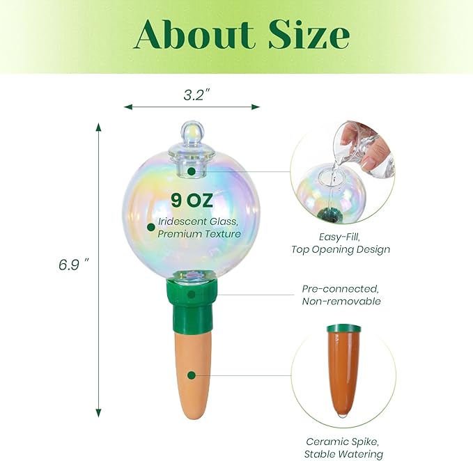 Hewory Glass Plant Watering Globes: 4 Pcs Iridescent Water Bulbs for Indoor/Outdoor Plants - 9oz Watering Devices with Terracotta Water Spikes