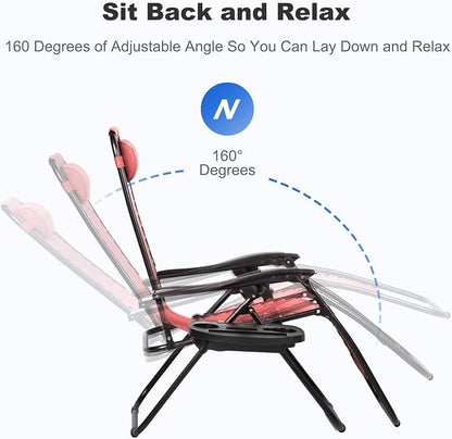 Nazhura Set of 2 Relaxing Recliners Patio Chairs Adjustable Steel Mesh Zero Gravity Lounge Chair Beach Chairs with Pillow and Cup Holder Khaki (Pink)