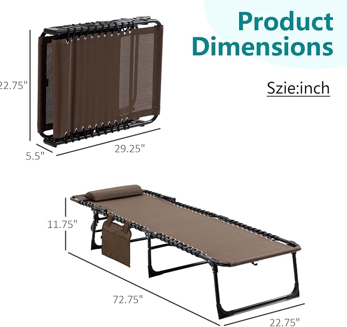 Portable Foldable Sun Tanning Chair, Heavy Duty Adjustable Folding Laying Out Chairs for Tanning, Beach Lounge Chairs for Adults for Outdoor Sunbathing Patio Pool Lawn Camping Deck (Brown)