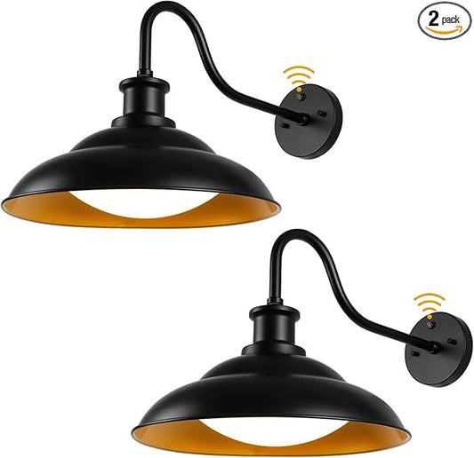 Dusk to Dawn LED Outdoor Barn Lights, 16 Inch Large Farmhouse Exterior Wall Light Fixtures with Adjustable Color Temperature, Modern Black Gold Porch Lights Outside for House Garage Doorway