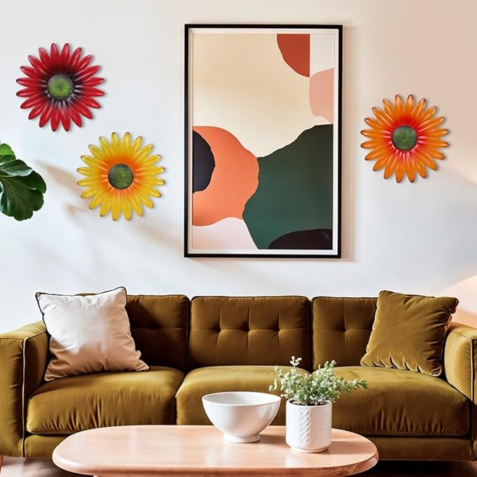 hogardeck Metal Flower Wall Decor - 3 Pcs 9" Outdoor Wall Art Backyard Decorations Hanging for Kitchen, Living Room, Bathroom, Garden