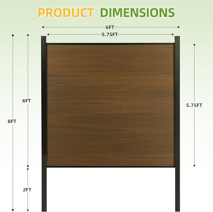 Mondaria Fence Privacy Screen with 8ft In-ground Posts, 6ft(H) x48t(W) Wood Plastic Composite Fence Panels Weather-Resistant Outdoor Fence for Backyard/Garden (Brown, 9 Posts)