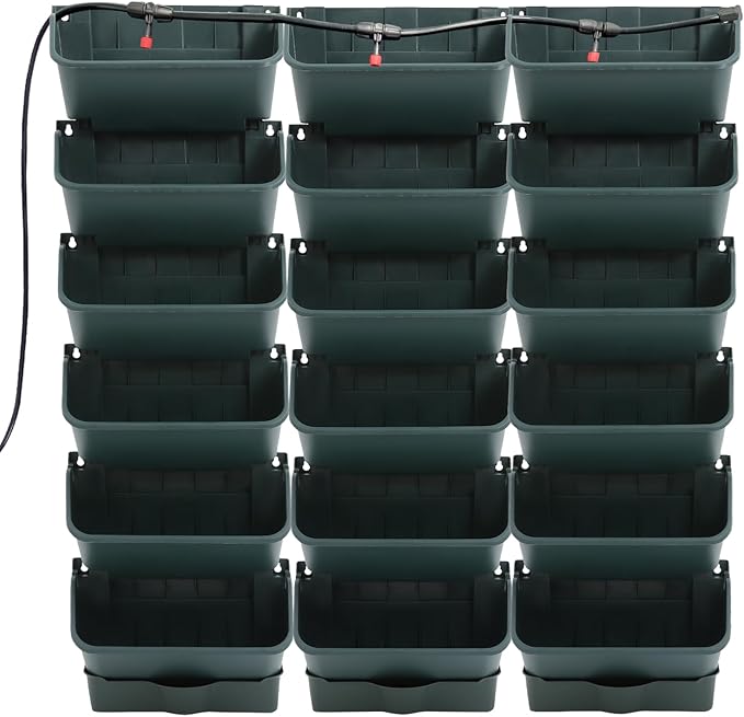 18 Pots Vertical Garden Planter, 6 Tiers Self-Watering Wall-Mounted Flower Pot Bags,Vertical Wall Planter w/Timer&18pcs Plant Pots, Hanging Planter Rack Balcony Planter for Herb (Green)