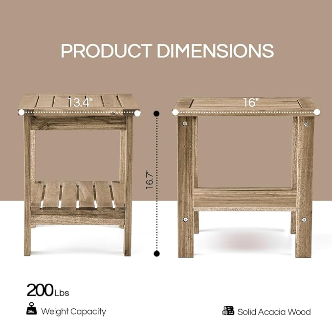 THYOI Premium Acacia Wood Outdoor Side Table, Adirondack Square Patio End Table with 2-Tier Storage Shelf, Weather-Resistant Small Table for Porch, Garden, Backyard, Poolside (White)