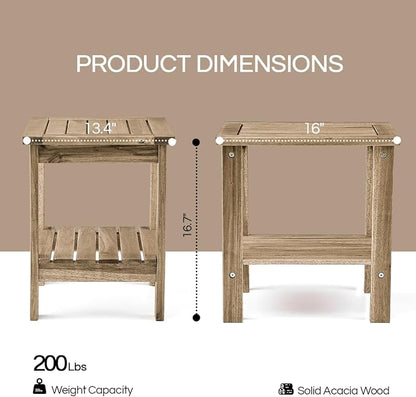 THYOI Premium Acacia Wood Outdoor Side Table, Adirondack Square Patio End Table with 2-Tier Storage Shelf, Weather-Resistant Small Table for Porch, Garden, Backyard, Poolside (White)