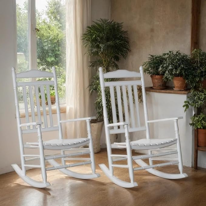 Rocking Chair Porch Rocker Set of 2 Outdoor Furniture Wooden Adult Rockers for Bistro Balcony Camping Lawn Garden Backyard Outside, White