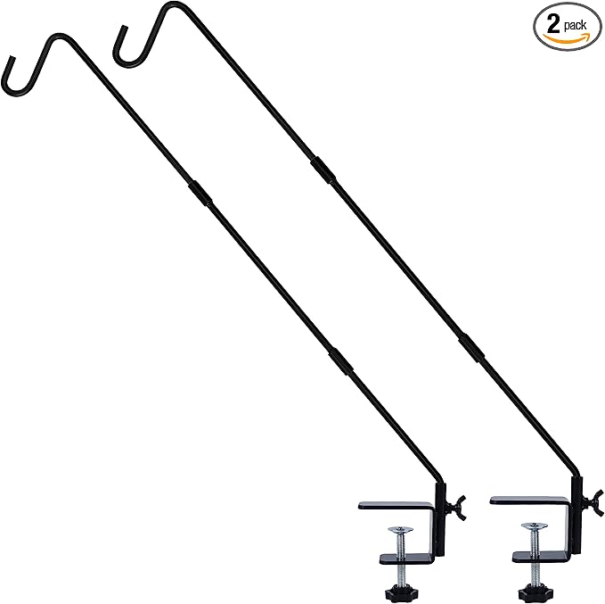 Juegoal 2 Pack Heavy Duty Deck Hook with 2 Inch Non Slip Clamp, 25 or 36 Inch Extended Reach Deck Hook, Adjustable Rail Pole Plant Bracket for Hanging Bird Feeder, Suet Baskets, Lanterns, Wind Chimes