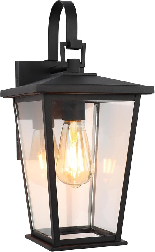 Kalium Outdoor Wall Lights Fixtures Lantern Frame 16 1/8", Outside Lights Black Transitional Durable Metal, Clear Glass for Post Exterior Barn Deck House Porch Yard Patio Garage Garden
