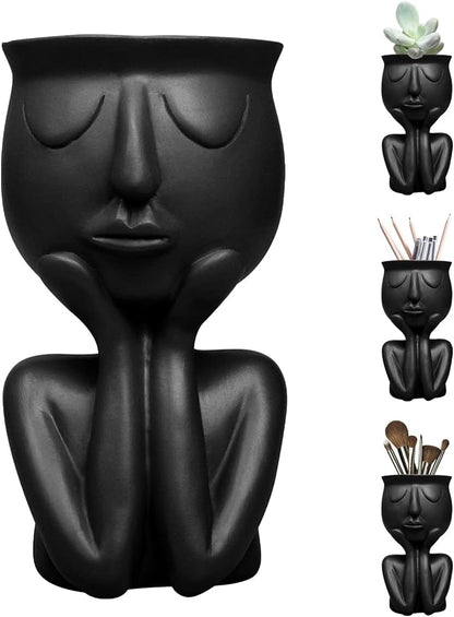 Simple and Creative Decorative Flower Pots, Resin Face Planter Pots, Vase for Small Succulent, Flower Pot Pencil Pen Holder, Minimalist Decorative, Modern Vases for Home Office Shelf Decor (Black)