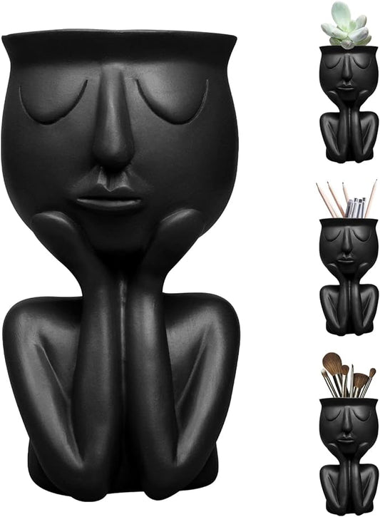 Simple and Creative Decorative Flower Pots, Resin Face Planter Pots, Vase for Small Succulent, Flower Pot Pencil Pen Holder, Minimalist Decorative, Modern Vases for Home Office Shelf Decor (Black)