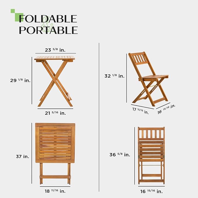 IDZO Heavy Duty 400lbs Capacity Patio Bistro Sets, 3 Piece Outdoor Folding Chairs with Cushions and Square Table, FSC-Certified Acacia Wood, Space-Saving Design for Balcony, Garden and Porch