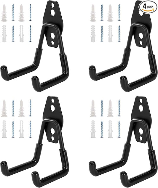 4 Pack Garage Hooks, Garage Tool Organizer Wall Mount, Heavy Duty for Utility Organizer, Steel Utility Garage Hooks for Ladders, Garden Tools, Bike