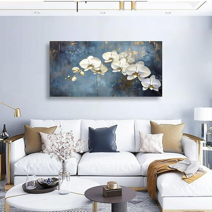 Abstract White Butterfly Orchid Canvas Wall Art for Living room Office Bedroom Flowers Wall Art Print Oil Paintings Modern Blue Gold Rain Mist Pictures Wall Decor Artwork Ready to Hang - 28in * 57inch