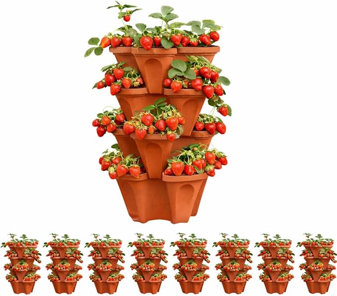 Vertical Garden Planter Stackable Tiered System 4 Plants per Pot, Space Saving Herb, Strawberry & Food Crop Planter with Center Support Hole for Indoor Outdoor Gardening (36, Terracotta, Small)