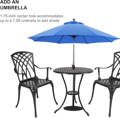 Polar Aurora 3 Piece Patio Bistro Set Cast Aluminum Bistro Table Set Outdoor Round Dining Table with Umbrella Hole for Porch, Lawn, Garden, Backyard, Pool,Black