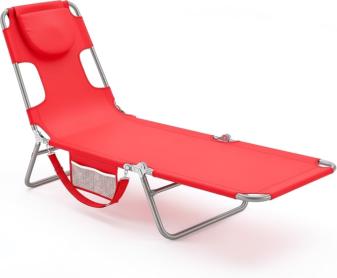 DUMOS Lounge Chair Outdoor, Beach Tanning Chair with Face Hole, Red | 5-Position Adjustable Sunbathing Tanning Chair, Foldable Portable Chaise Lounge by Pool Patio Lawn Camping Reading, Arm Hole