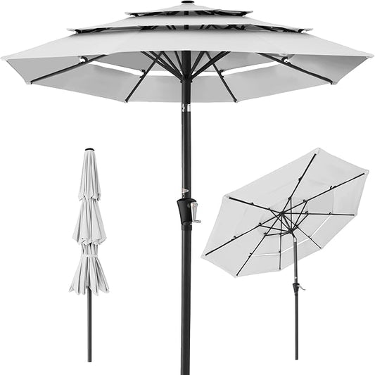 Best Choice Products 10ft 3-Tier Market Patio Umbrella, Outdoor Sun Shade with Tilt, Crank Lift, 8 Ribs for Backyard, Deck, Poolside – Fog Gray