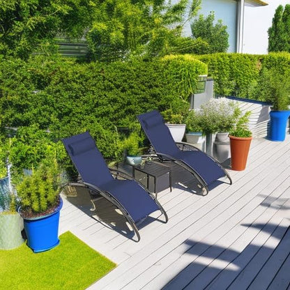 PURPLE LEAF Patio Chaise Lounge Set Outdoor Beach Pool Sunbathing Lawn Lounger Recliner Outside Tanning Chairs with Arm for All Weather Side Table Included Navy Blue