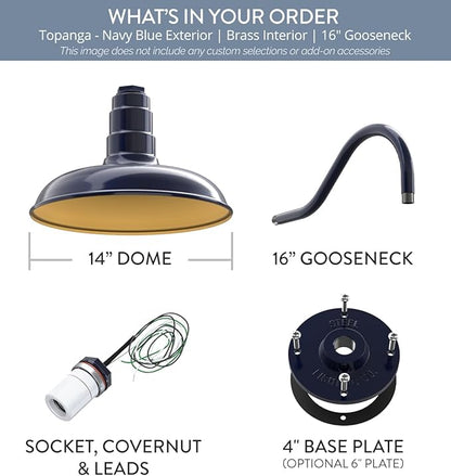 Steel Lighting Co. Topanga Barn Light | Outdoor Wall Mounted | 14 inch Dome | 16" Gooseneck | Farmhouse Garage Light Made in America | Navy Blue Exterior/Brass Interior
