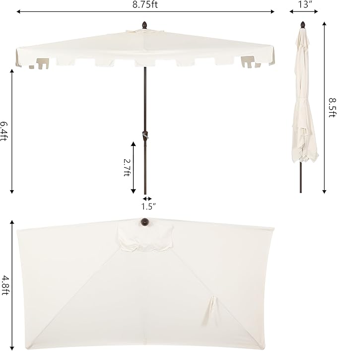 JONATHAN Y Half Umbrella UMB1200B Sidney 9 ft. Classic MidCentury Rectangular Market Patio with Crank, Wind Vent and UV Protection in Cream/White