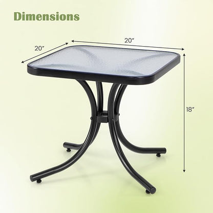 Giantex Small Outdoor Side Table with Tempered Glass Top Set of 2, Heavy-Duty Metal Frame, 110 Lbs Capacity, Square Patio Table for Balcony, Porch, Backyard, Deck, Black