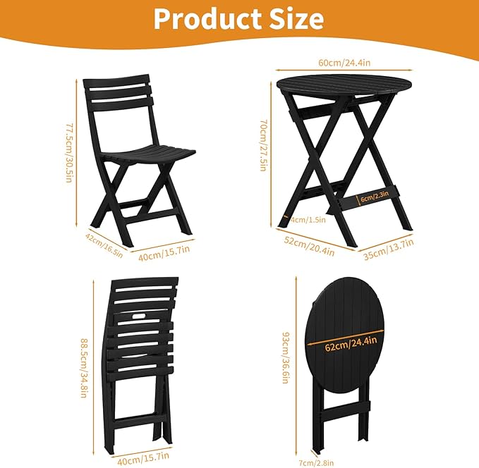 Patio Bistro Set, 3 Piece Plastic Folding Bistro Set, Portable Outdoor Patio Table and Chairs Set, Foldable Patio Furniture Set for Balcony, Porch, Backyard, Garden,Poolside (Black)
