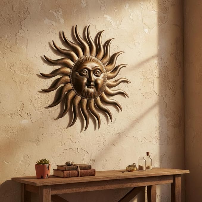Comfy Hour 31" Sun Wall Decor, Large Metal Sun Wall Art for Outdoor Patio and Indoor Living Room, 3D Decorative Sunface Sculpture for Fence House and Yard, Artisan Crafted Iron Accent, Bronze Finish