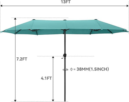 GREEN PARTY 13ft Rectangle Patio Umbrella, Double Sided Outdoor Table Umbrella with Crank & 1.5" Pole, Large Market Umbrella for Poolside Garden Deck Backyard, Turquoise