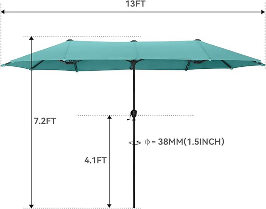 GREEN PARTY 13ft Rectangle Patio Umbrella, Double Sided Outdoor Table Umbrella with Crank & 1.5" Pole, Large Market Umbrella for Poolside Garden Deck Backyard, Turquoise