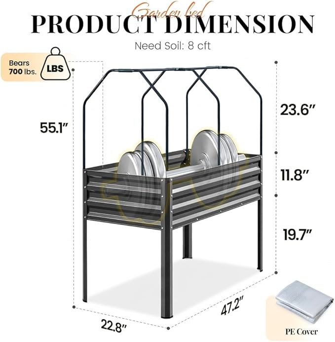 KING BIRD Large Raised Garden Bed with Cover Galvanized Elevated Planter Box with Legs 48×24×56 in for Backyard, Patio, Balcony, 700lb Capacity, Dark Grey