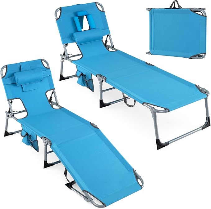 Goplus Tanning Chair, Folding Adjustable Patio Lounge Chair with Face Hole, Removable Pillow, 330LBS, Carry Strap, Outdoor Sunbathing Chair, Lightweight Portable Beach Lounge Chair (2, Navy)