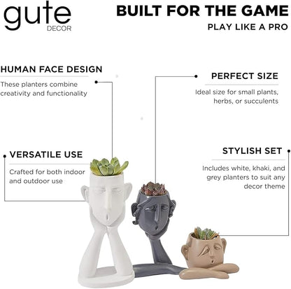 GUTE Human Face Shaped Succulent & Flower Planter Pots - Set of 3- Figurines for Garden - Indoor Outdoor Decorative Garden Figurines, Drainage Holes for Plants Artistic - White, Khaki, Grey