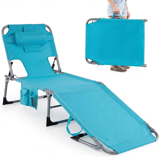 GYMAX Tanning Chair with Face Hole, Sun Bathing Lounge Chairs for Outside with Side Pocket, Folding Portable Face Down Layout Tanning Chair Beach, Backyard, Poolside, Lawn (Turquoise,1)