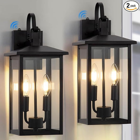 Dusk to Dawn Outdoor Wall Lights 2 Pack, Black Exterior Light Fixture with Photocell Sensor, Outdoor Sconce Lights with E12 Base, Waterproof Wall Lantern for Porch Garage Patio, Bulb Not Included