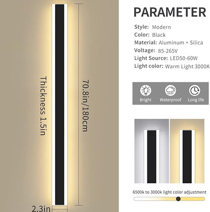 Mikeru Modern Long LED Wall Light, 3000k-6000k Dimmable Outdoor Wall Sconce 70.8inch Black Outdoor Exterior Lights with Remote Control Ip65 Waterproof Anti-Rust Linear Long Porch Lights