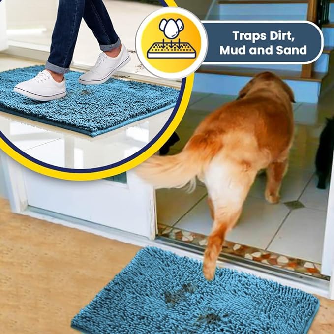 Muddy Mat® | Super Water Absorbent Door Mat Indoor, Microfiber Quick Dry Chenille Entryway Rug, Slip Resistant Front Door Mat, Indoor Mats for Entryway, Machine Washable Pet Rug, Sky Blue 18"x28"