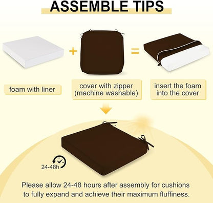 downluxe Waterproof Outdoor Chair Cushions Set of 2, 19" x 19" x 3" Patio Chair Cushion with Non-Slip Ties & Handle, Square Outdoor Cushion for Patio Furniture with Removable Cover, Brown