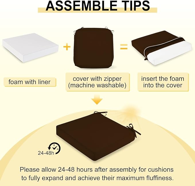 downluxe Waterproof Outdoor Chair Cushions Set of 4, 19" x 19" x 3" Patio Chair Cushion with Non-Slip Ties & Handle, Square Outdoor Cushion for Patio Furniture with Removable Cover, Brown