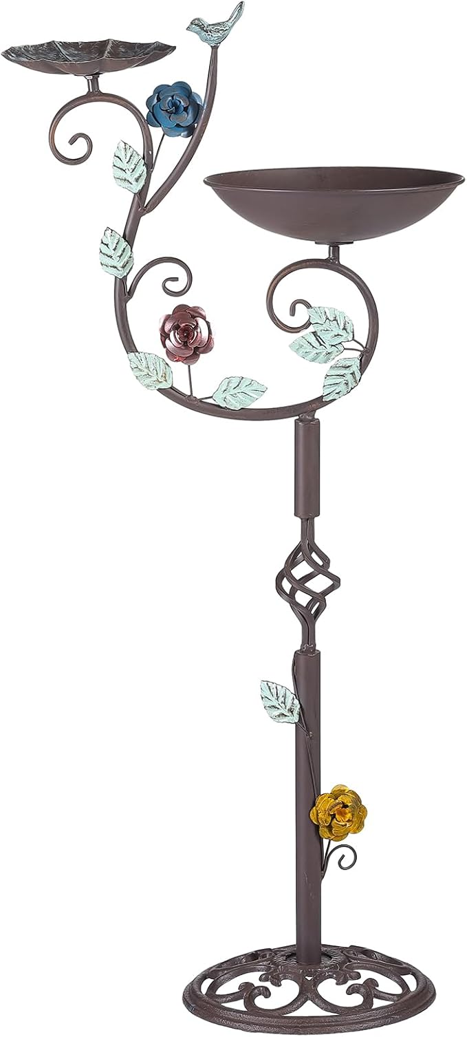 Metal Bird Bath and Feeder for Outdoors, Freestanding 39.4" H 2-in-1 Birdbaths with Cast Iron Pedestal, Retro Vine Shaped Standing Combo for Outside Garden Patio Porch