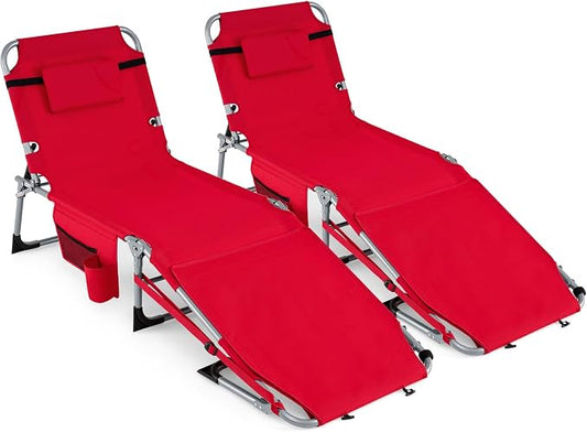 GYMAX Tanning Chair, 3 in 1 Sun Bathing Lounge Chairs with Face/Arm Holes & Side Pocket, Portable Lightweight Face Down Layout Tanning Chair for Outside, Beach, Backyard, Poolside (2, Red)