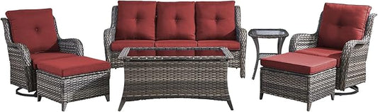 Wicker Patio Furniture-7 Pieces Rattan Patio Furniture Set Outdoor Patio Couch with Swivel Patio Chairs Ottomans and Coffee Table for Deck Poolside Backyard-Grey/Red