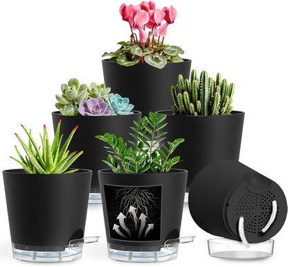 Self Watering Pots for Plants, 2026 New Flower Plant Pots with Drainage Holes, Wicking and Clear Reservoirs for Succulent, Aloe, Cacti and Others - 6 Pack (Black, 6")