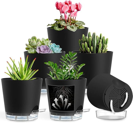 Self Watering Pots for Plants, 2026 New Flower Plant Pots with Drainage Holes, Wicking and Clear Reservoirs for Succulent, Aloe, Cacti and Others - 6 Pack (Black, 6")
