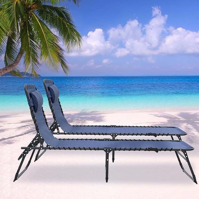 Tanning Chairs for Outside, Chaise Outdoor Lounge Chair, Folding Pool Chairs & Patio Lounger for Beach Camping Hiking Backyard Sunbathing Poolside, Portable (Blue Set of 2)