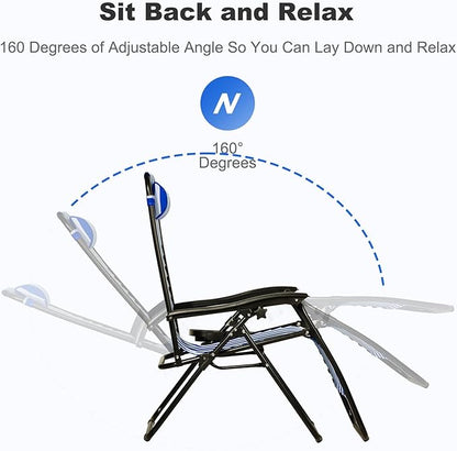 Nazhura Set of 2 Relaxing Recliners Patio Chairs Adjustable Steel Mesh Zero Gravity Lounge Chair Beach Chairs with Pillow and Cup Holder (Navy Blue Stripe)